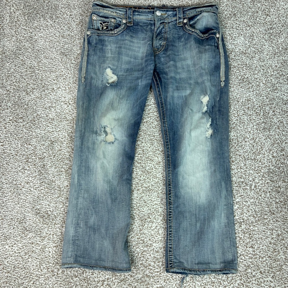 Rock Revival Jeans Mens 38x32 Blue Casual Distressed Chester Relaxed Straight